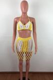 Yellow Sexy Fashion adult Geometric Two Piece Suits HOLLOWED OUT Patchwork Hole Regular Sleeveles