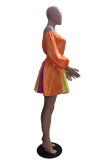 Tangerine Red Sexy Solid Patchwork Bateau Neck Pleated Dresses