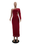Burgundy Fashion Sexy Letter Hollowed Out Oblique Collar Long Sleeve Dresses