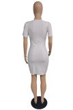 White Fashion Casual Solid Basic O Neck Short Sleeve Dress