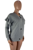 Grey Casual Solid Buttons V Neck Tops