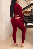 Red Fashion Sexy Solid Hollowed Out Turtleneck Long Sleeve Two Pieces
