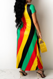 Multicolor Fashion Sexy Striped Print Bandage Crystal O Neck Short Sleeve Dress