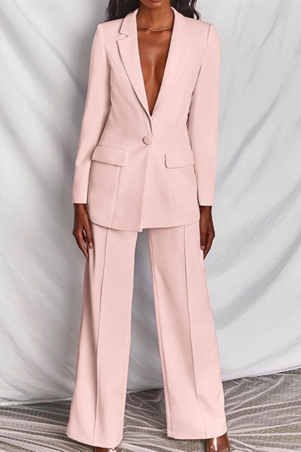Pink Fashion Casual Solid Basic Turn-back Collar Long Sleeve Two Pieces
