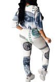 Green Fashion adult Ma'am Street Patchwork Print Two Piece Suits Straight Half Sleeve Two Pieces