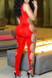 Red Fashion Sexy Solid Hollowed Out O Neck Skinny Jumpsuits
