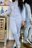 Grey Casual Solid Draw String Mandarin Collar Long Sleeve Two Pieces