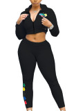 Black Fashion Active Casual Europe and America Zippered Two Piece Suits pencil Long Sleeve Two Pieces