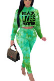 Green Fashion Casual adult Ma'am Patchwork Print Two Piece Suits pencil Long Sleeve Two Pieces