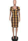 Black Yellow Fashion Casual Patchwork Print Basic V Neck Short Sleeve Dress