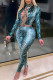 Blue Sexy Print Bandage O Neck Long Sleeve Two Pieces
