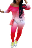Red Milk Silk Fashion Active adult Ma'am Gradient Two Piece Suits pencil Long Sleeve Two Pieces