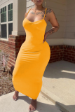 Yellow Sexy Solid Split Joint Spaghetti Strap Pencil Skirt Dresses