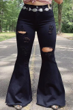 Black Casual Patchwork Ripped Skinny Small Elastic High Waist Speaker Bottoms