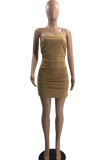 Brown Fashion Sexy Solid Backless Fold One Shoulder Sling Dress