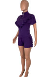 purple Blends Casual Solid Stringy selvedge asymmetrical ruffle pencil Short Sleeve Two Pieces