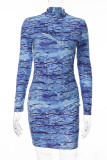Blue Sexy Print Hollowed Out Tie-dye O Neck Pencil Skirt Dresses