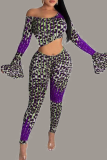 Blue Sexy Leopard Split Joint One Shoulder Long Sleeve Two Pieces