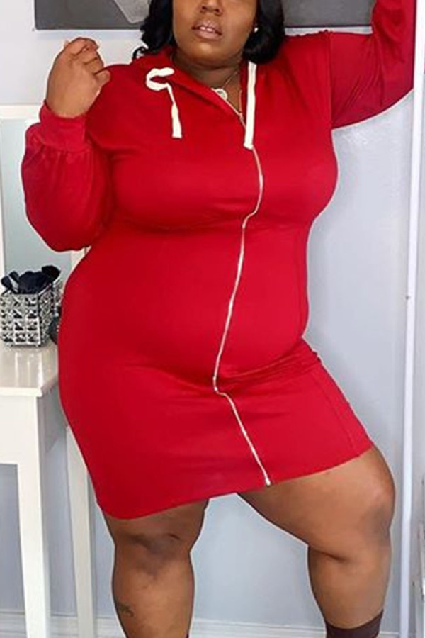 Red Casual Solid Patchwork Hooded Collar Plus Size 