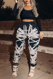 Black Sexy Print Split Joint O Neck Long Sleeve Two Pieces