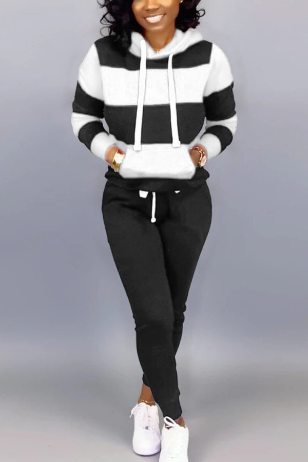 Black White Elegant Solid Split Joint Hooded Collar Long Sleeve Regular Sleeve Regular Two Pieces