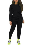 Black Polyester Fashion Casual adult Ma'am Solid Two Piece Suits Straight Long Sleeve Two Pieces