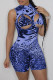 Blue Sexy Print Hollowed Out Half A Turtleneck Skinny Romper