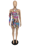 Pink Sexy Print Hollowed Out Half A Turtleneck Pencil Dresses