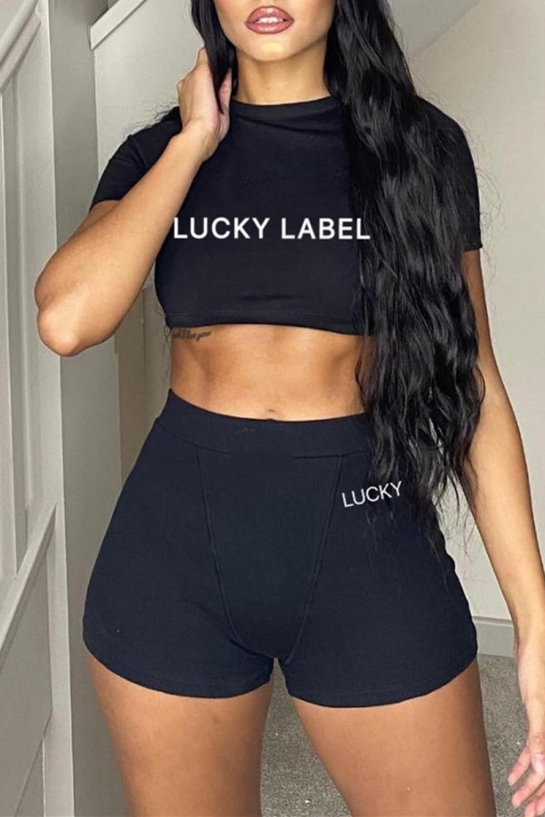 Black Fashion Casual Sweet Letter Embroidered O Neck Short Sleeve Two Pieces