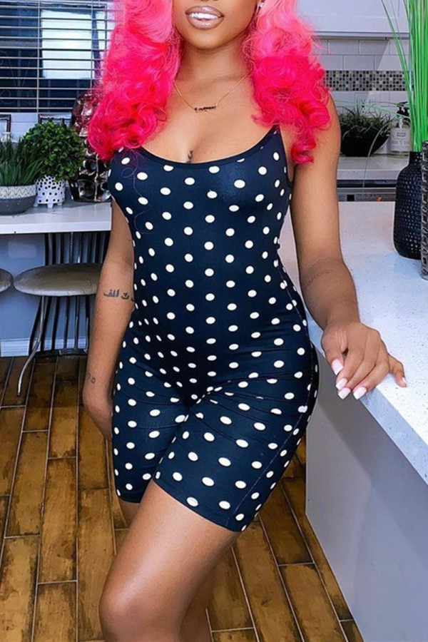 Black Sexy Casual Dot Print Basic O Neck Skinny Romper