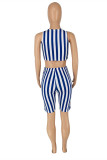 Blue White Fashion Casual Striped Print Basic U Neck Sleeveless Two Pieces