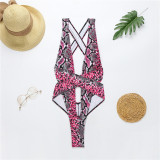 Rose Red Sexy Print Backless Cross Straps Swimwears