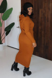 Orange Fashion Casual adult Cap Sleeve Long Sleeves O neck Step Skirt Mid-Calf Patchwork Solid