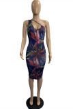 Multi-color Fashion Sexy Print Hollowed Out Oblique Collar Sleeveless Dress