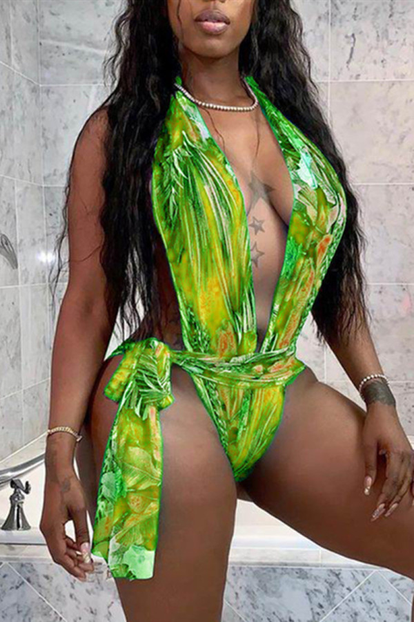 Green Fashion Sexy Print Backless Swimwears