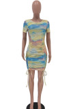 multicolor Sexy Short Sleeves O neck Step Skirt Mini Print bandage Draped Tie and dye Dresses
