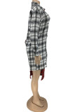 Red Street Plaid Print Patchwork Turndown Collar Pencil Skirt Dresses