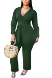 Green Fashion Sexy Solid Polyester Long Sleeve V Neck Jumpsuits