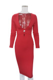 Red Sexy Solid Hollowed Out V Neck Wrapped Skirt Dresses