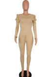 Cream white venetian Casual ruffle Two Piece Suits Solid pencil Long Sleeve Two-piece Pants Set
