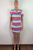 Pink Fashion Casual adult Ma'am Striped Two Piece Suits Straight Short Sleeve Two Pieces