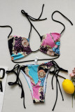 Multicolor Fashion Sexy Print Solid Hollowed Out Backless Strap Design Swimwears