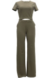 Army Green Polyester Casual Fashion Bandage crop top Solid Straight Two-piece Pants Set
