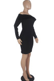 Black Sexy Off The Shoulder Long Sleeves One word collar Pencil Dress Knee-Length Patchwork Soli