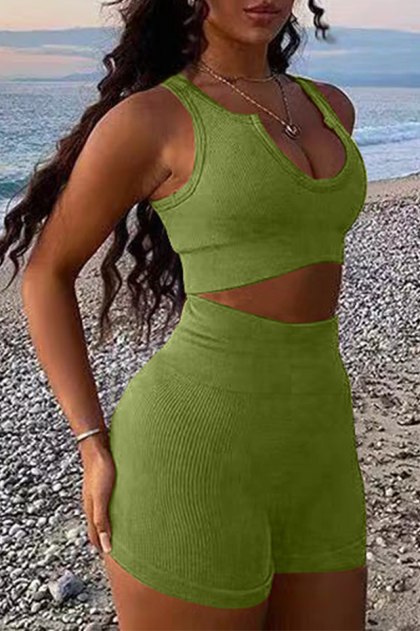 Green Sexy Solid Patchwork V Neck Sleeveless Two Pieces