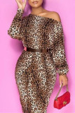Brown Fashion Sexy Print Without Belt Oblique Collar Irregular Dress