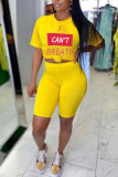 Yellow venetian Fashion Sexy adult Ma'am Letter Print Two Piece Suits Straight Short Sleeve Two Pieces