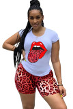 Red Fashion Sexy adult Ma'am Patchwork Print Two Piece Suits Straight Short Sleeve Two Pieces