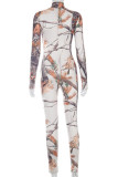 Grey Casual Floral Patchwork Tie-dye O Neck Regular Jumpsuits