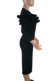 Black Solid Split Joint O Neck Wrapped Skirt Dresses